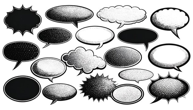 Collection of various shaped speech bubbles,  halftone textured, black and white
