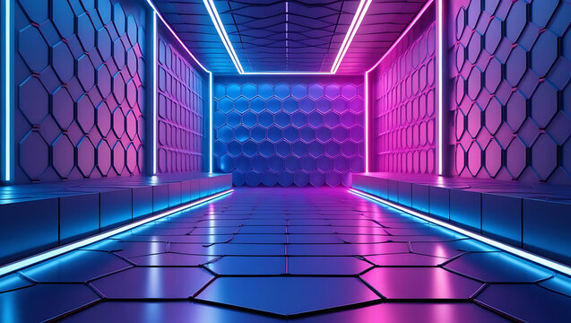 Futuristic Cyberpunk Tunnel with Neon Lights and Hexagonal Patterns