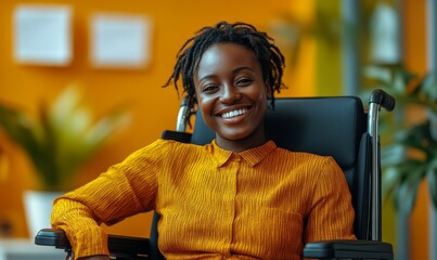 Inclusive workplace with a happy smiling Black African American disabled office LGBTQ+ colleague in a wheelchair, symbolizing diversity, equality, and inclusion in the workplace, Generative AI