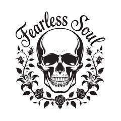 Fototapeta premium Fearless Soul Skull with Flowers Black and White Illustration