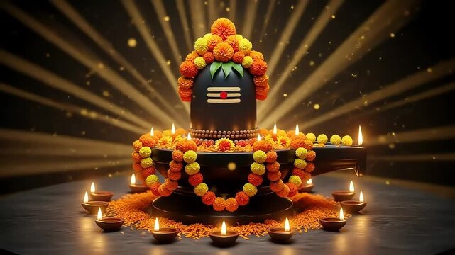 Spiritual Awakening Stunning 3D Render of Lord Shiva Lingam Adorned with Marigold Flowers and Diyas