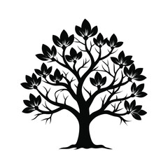 Obraz premium Magnolia Tree Silhouette Vector – Black Silhouette Icon of Magnolia Tree Isolated on White Background