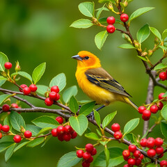Male Western Tanager (Piranga ludoviciana) perched in a thimbleberry bush (Rubus parviflorus)