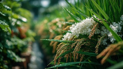 Rice Plants with Dew Drops