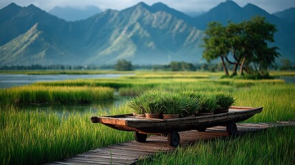 Rice Field Landscape with Wooden Boat & Mountain View