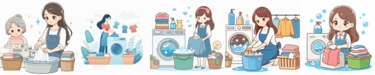 VECTOR IMAGE OF A WOMAN WASHING CLOTHES IN WHITE BACKGROUND