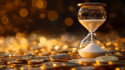 Close-up of elegant hourglass surrounded by golden coins, money and warm ambient lights, representing passage of time, financial planning, investment strategy, savings, business goals and success.