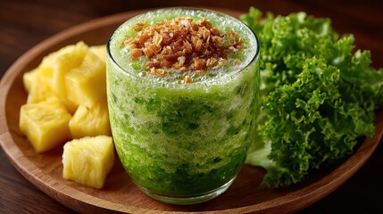 Green Smoothie with Pineapple & Lettuce on Wood