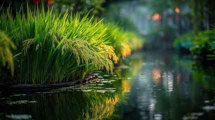 Serene River Scene with Lush Green Rice Paddy Plants