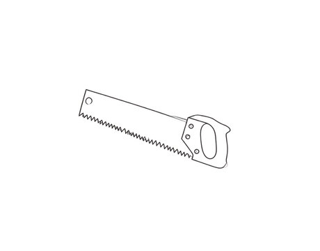 Stylized line art illustration of a classic hand saw with a sharp serrated blade and ergonomic handle.