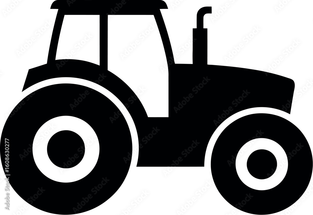 Poster a simple black tractor icon with large wheels and a cab on a white background in a minimalist style