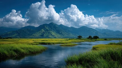 Scenic Landscape with River and Mountains