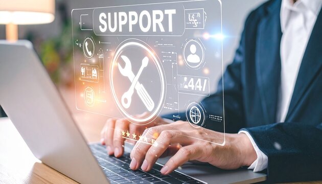 Businessman typing with floating tech support icons overlay.