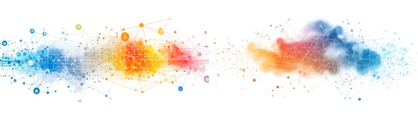 Colorful graph and cloud illustration depicting data analysis, information flow, and technology connections in a digital network. isolated