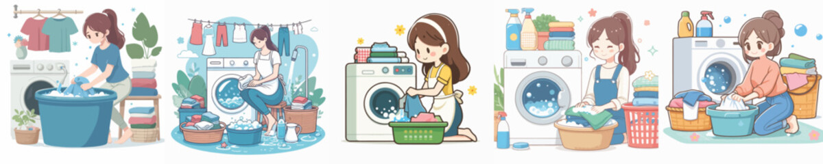 VECTOR IMAGE OF A WOMAN WASHING CLOTHES IN WHITE BACKGROUND