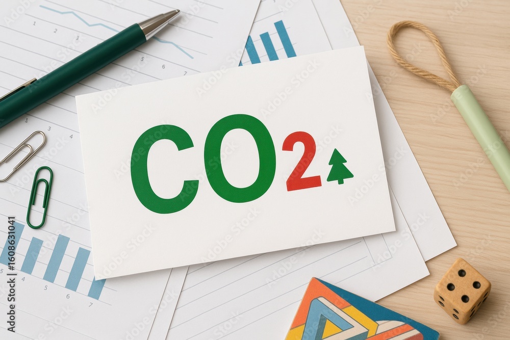 Poster greenhouse gas control. co2 representation with nature elements on a workspace with stationery items