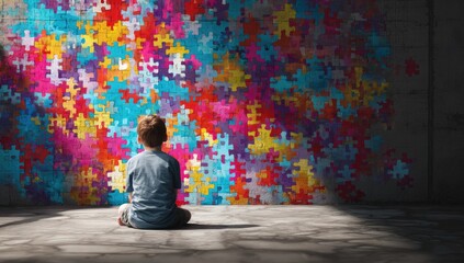 Child facing a vibrant jigsaw wall