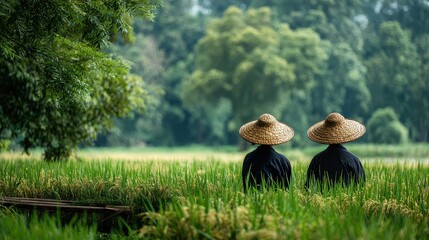 Farmers Resting in Rice Field, Rural Landscape