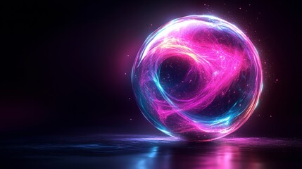 Futuristic neon energy sphere glowing with vibrant swirling colors, resting on reflective surface, symbolizing sci-fi digital technology, abstract innovation, or creative glowing power concept