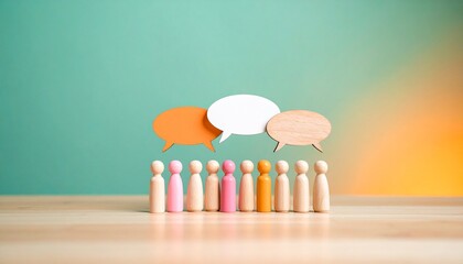 Group of wooden figures under colorful speech bubbles, symbolizing collective dialogue and diverse opinions