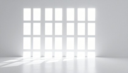 Sunlit empty room with grid windows casting shadows on floor, symbolizing clarity and openness