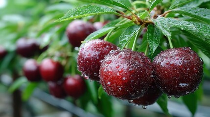 Obraz premium Fresh Cherries on Branch with Water Droplets