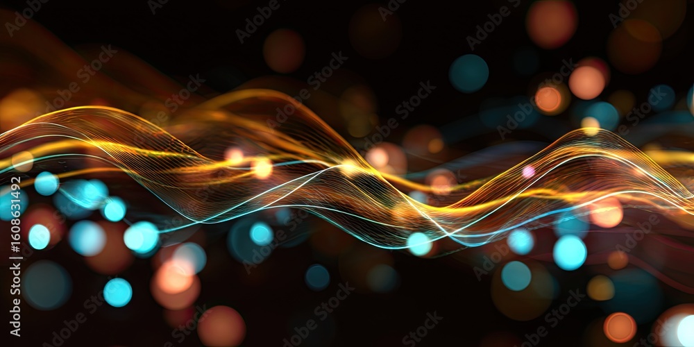 Poster abstract wave pattern with glowing lines and bokeh lights