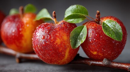 Three Plums on Branch with Water Drops