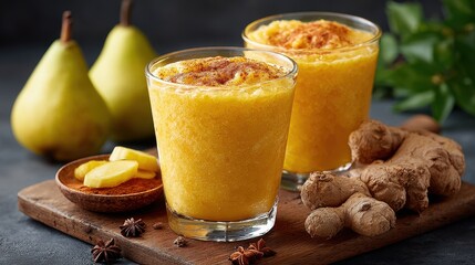 Turmeric Ginger Pear Smoothie on Wood Board