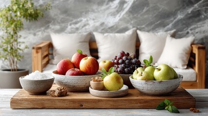Healthy Fruit and Nut Display on Wooden Board