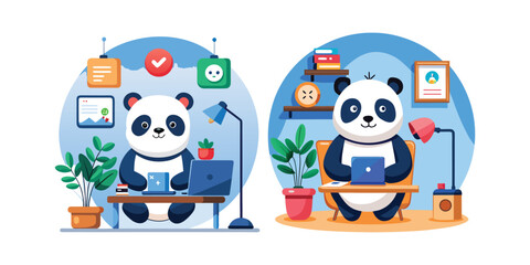 Panda Leading a Zoom Video Conference Call from Cozy Home Office Workspace Illustration for Remote Work and Virtual Meeting Concept