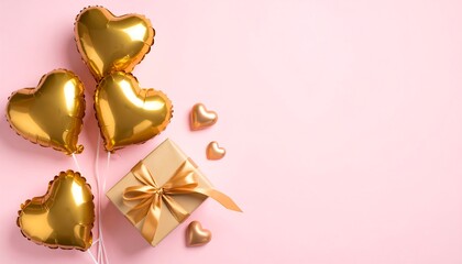 Heart-shaped balloons and a gift box on a pink background