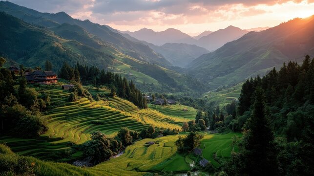 Longsheng Rice Terraces, China at Sunset