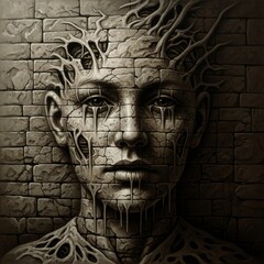 A dark fantasy or horror art piece depicting a tormented soul trapped within a stone wall, its face cracked and monstrous
