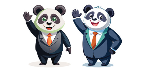Charming Panda in Business Suit Waving to Crowd – Cute Corporate Animal Mascot Vector for Branding, Marketing, Presentations, Office Culture, and Business Promotions