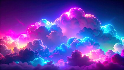 Vibrant, neon-hued clouds fill a night sky.  Bright, glowing colors of pink, purple, blue, and teal illuminate fluffy cumulus clouds.  Stars are visible amidst the vibrant atmosphere