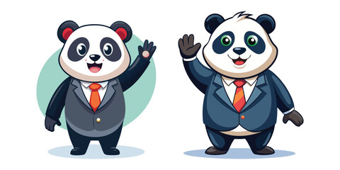 Charming Panda in Business Suit Waving to Crowd – Cute Corporate Animal Mascot Vector for Branding, Marketing, Presentations, Office Culture, and Business Promotions