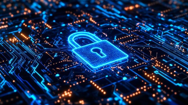Neon blue padlock integrated into a high-tech digital circuit board symbolizes modern cybersecurity, encrypted networks, data protection protocols, and virtual privacy in digital information systems.