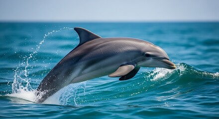 Obraz premium A graceful dolphin leaps from the ocean, creating splash and waves.
