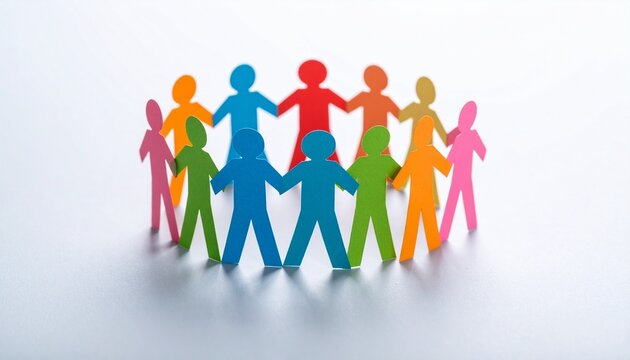 Circle of twelve colorful paper cut-out figures holding hands symbolizing unity