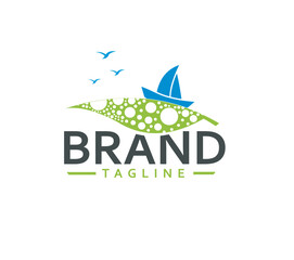 Vector ship and leaf logo combination. Eco Travel Logo with Sailing Boat and Nature Concept