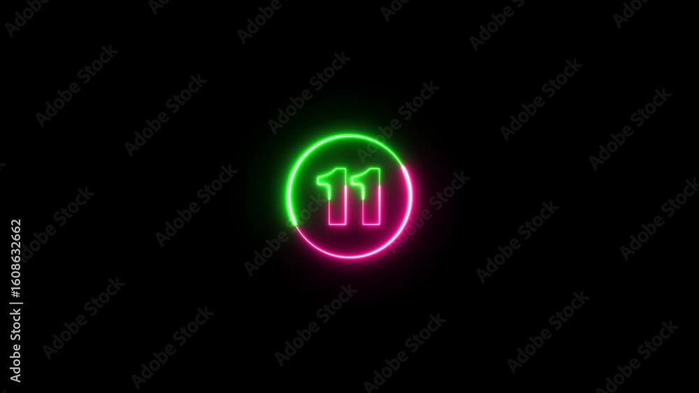 Poster glowing neon circle and number 11 animation on a black background. abstract glowing neon number 