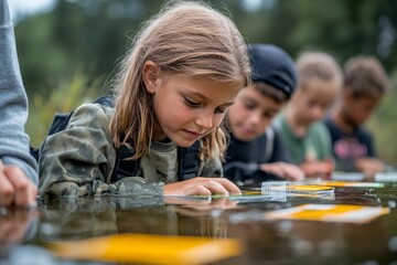 Young students analyzing water quality and pH levels with indicator strips during a biology field teaching class, demonstrating hands-on education in environmental science, Generative AI