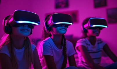 Teenage children VR gaming together at home, showcasing friends bonding while gaming with virtual reality headsets in a glowing, neon-lit bedroom, representing modern play, Generative AI