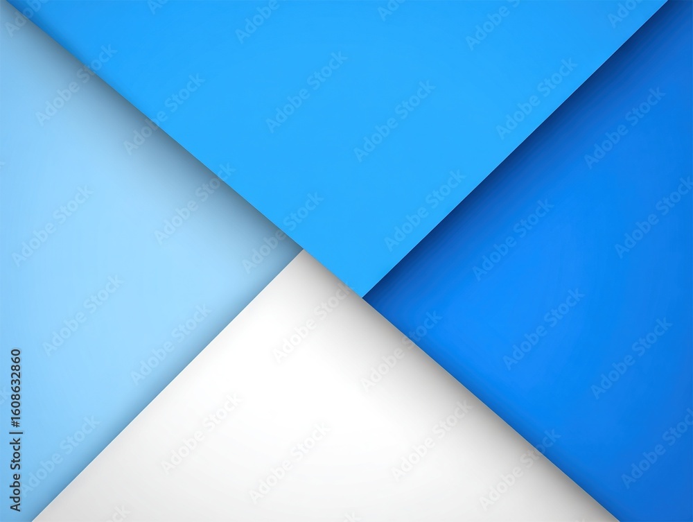 Poster overlapping blue and white angular layers in minimalist abstract composition, clean geometric design