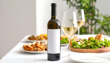 Wine bottle and glasses on a table with appetizers