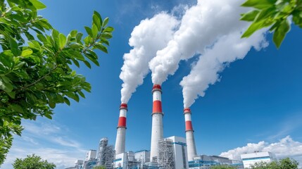 Greenhouse gas control. Industrial power plant with smoke billowing from chimneys against a blue sky.