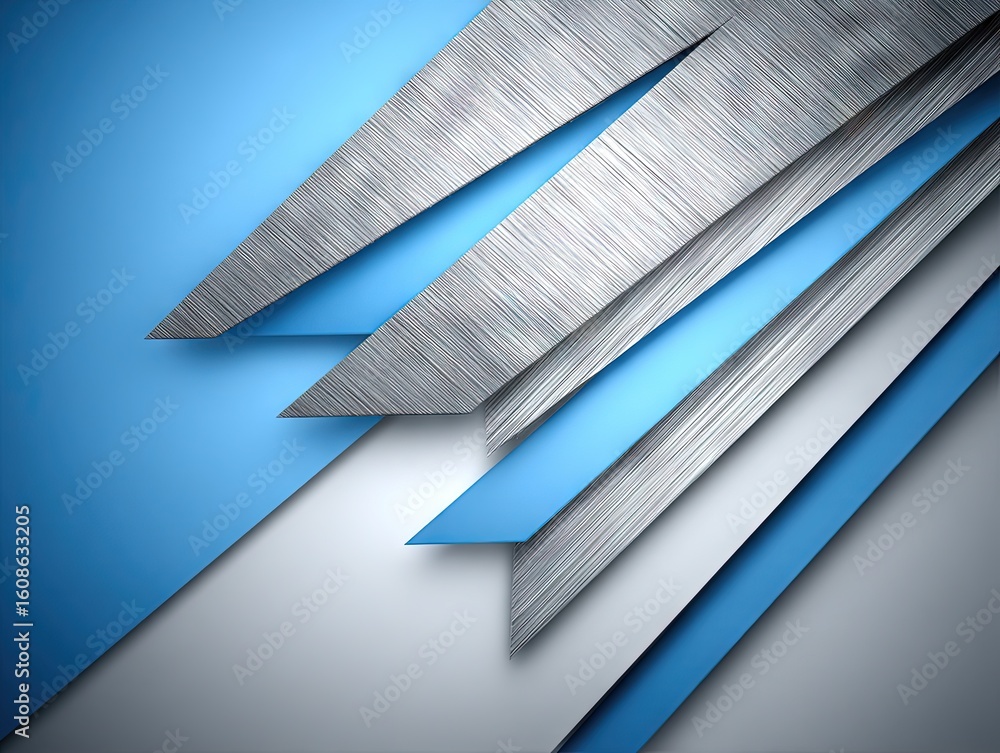 Poster abstract layered composition with sharp metallic silver panels intersecting vibrant blue surfaces fo
