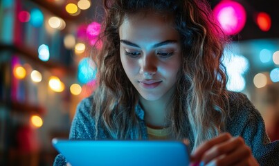 Candid young female teenager art student drawing art on her digital tablet. Representing the power of creativity and technology in education and personal expression, while, Generative AI