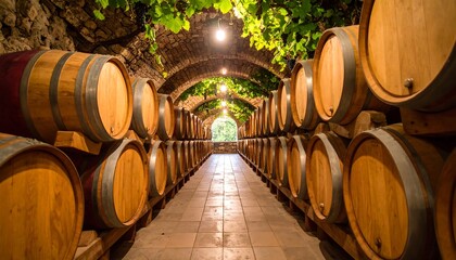 Wine cellar interior, barrels, stone walls